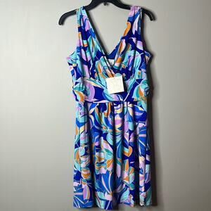 Cappagallo Blue Floral V-neck Sleeveless Dress Medium New with Tags